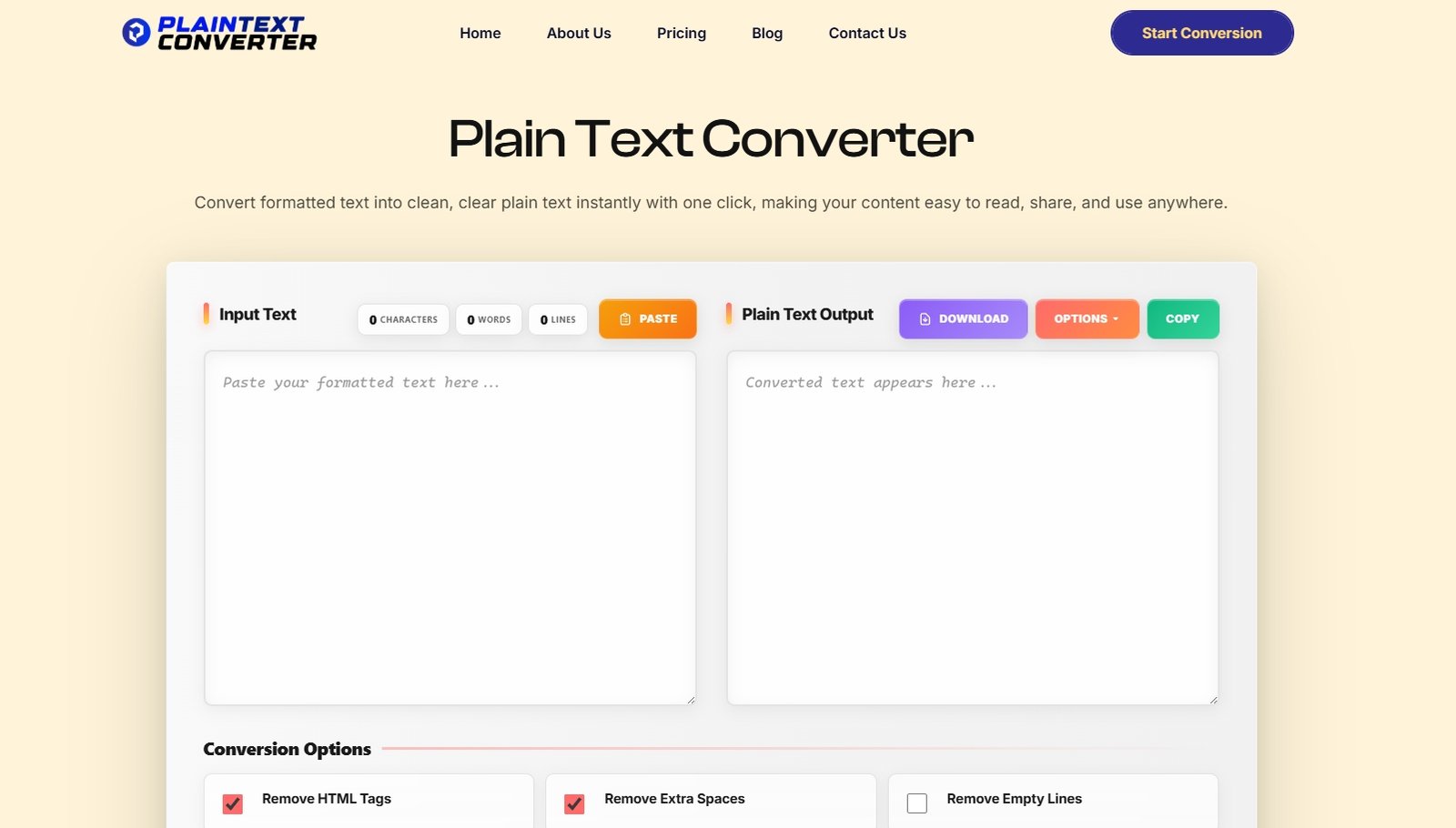 PlainTextConverter online text conversion tool website screenshot